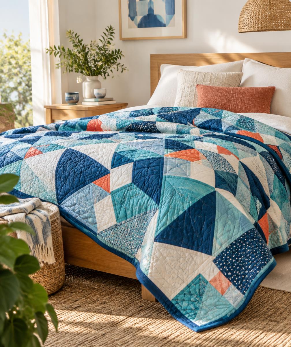 Folded blue quilt in a warm home